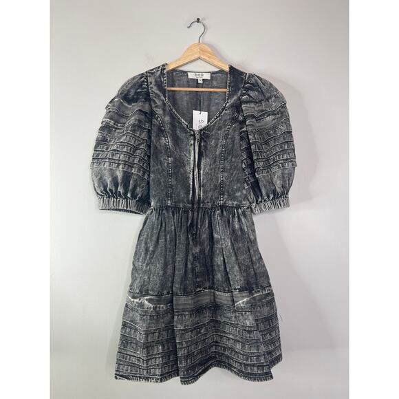 NWT Sea New York Chambray Denim Dylan Puff Sleeve Pleated Mini Dress Black - Picture 2 of 8